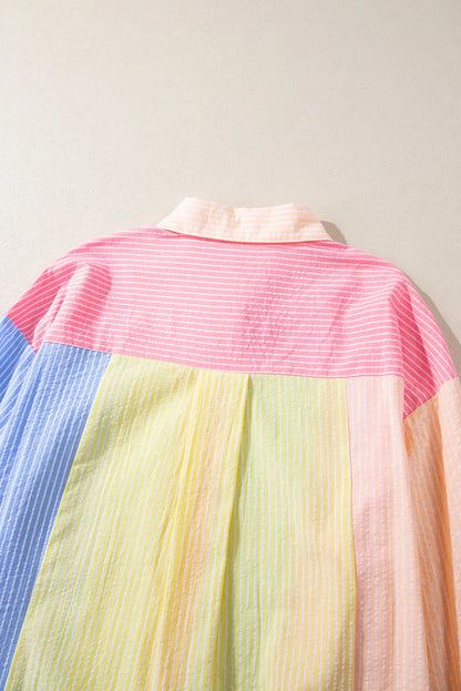 Pink Stripe Color Block Chest Pocket Oversized Shirt - Chic Meadow Boutique 