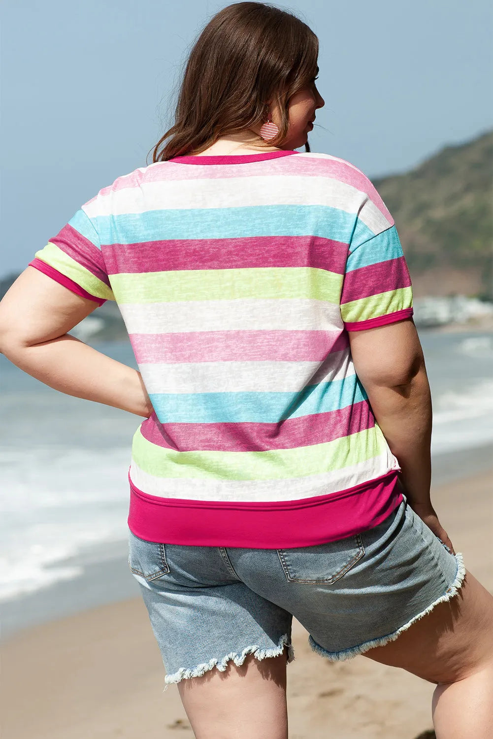 Rose Stripe Plus Size Textured Knit Short Sleeve Henley Top - Chic Meadow Boutique 