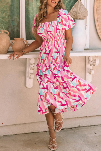 Dresses/Midi Dresses Pink Brush Stroke Printed Smocked Ruffle Tiered Dress