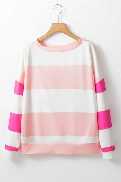 Light Pink Colorblock Striped Drop Shoulder Long Sleeve Top - Chic Meadow Boutique 