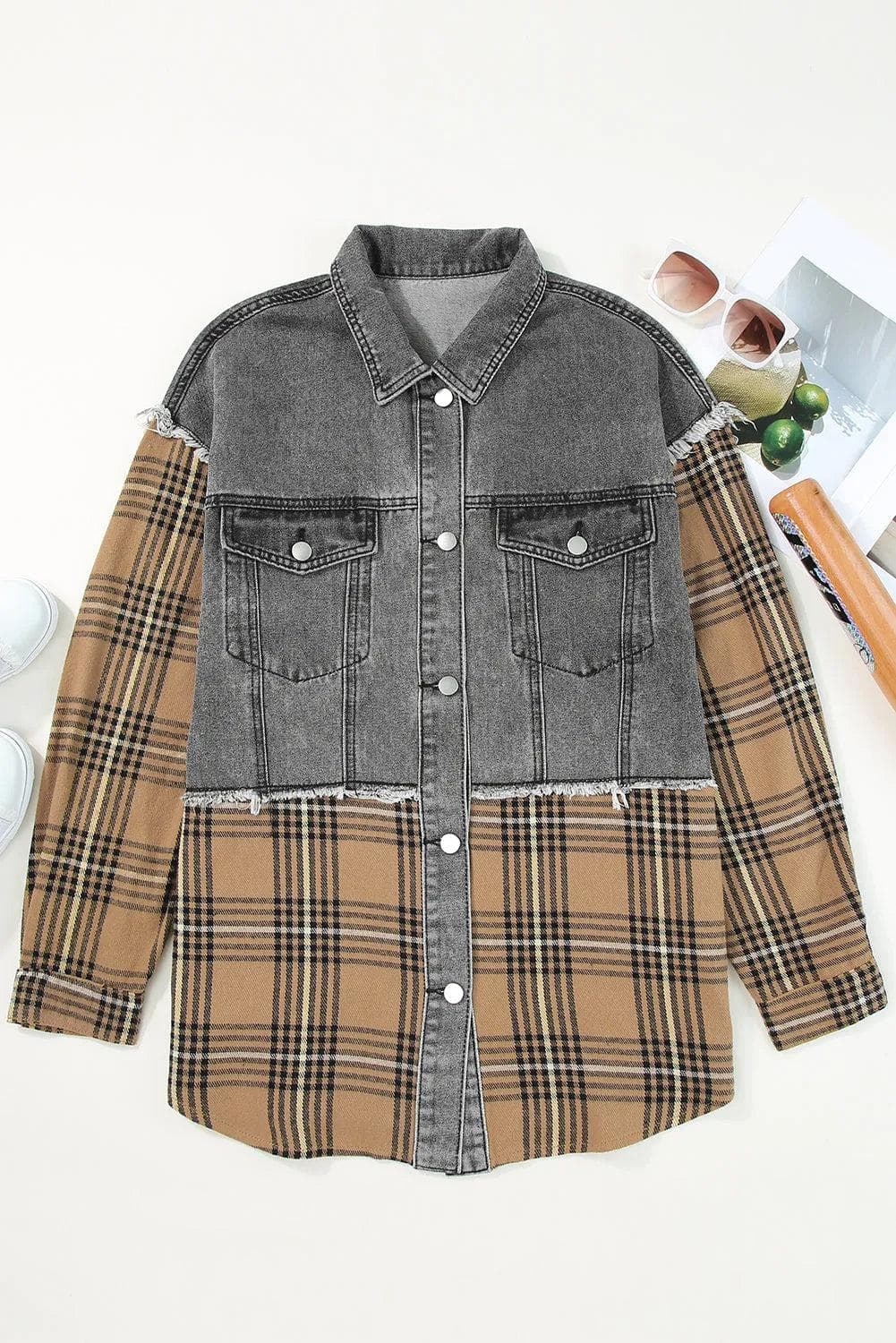 Outerwear/Denim jackets Medium Grey Plaid Patch Distressed Flap Pocket Denim Shacket