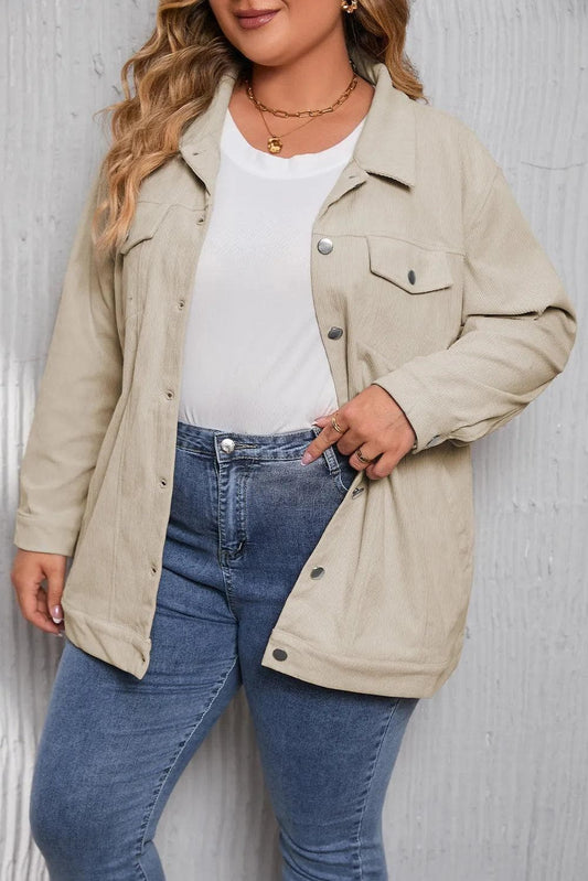 Plus Size/Plus Size Outerwear Khaki / 1X / 100%Polyester Khaki Plus Size Crochet Pattern Back Corduroy Jacket