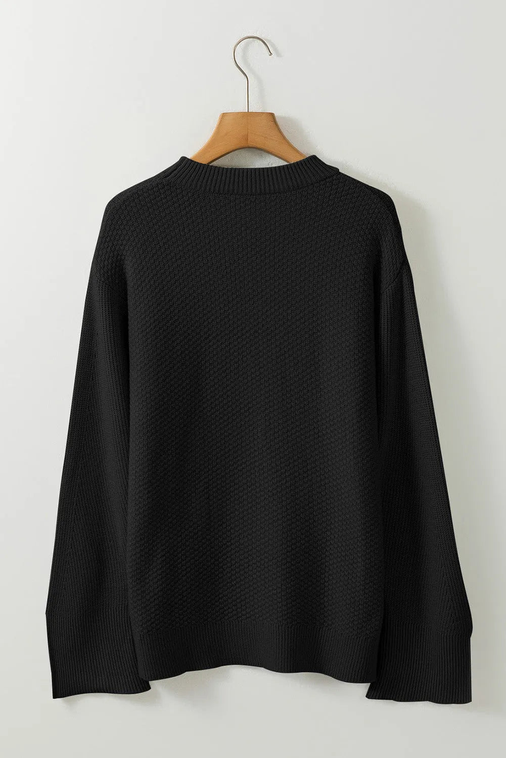 Black Solid Textured Knit Split Cuff Drop Shoulder Loose Sweater - Chic Meadow Boutique 