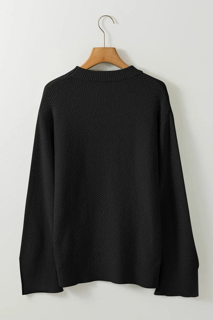 Black Solid Textured Knit Split Cuff Drop Shoulder Loose Sweater - Chic Meadow Boutique 