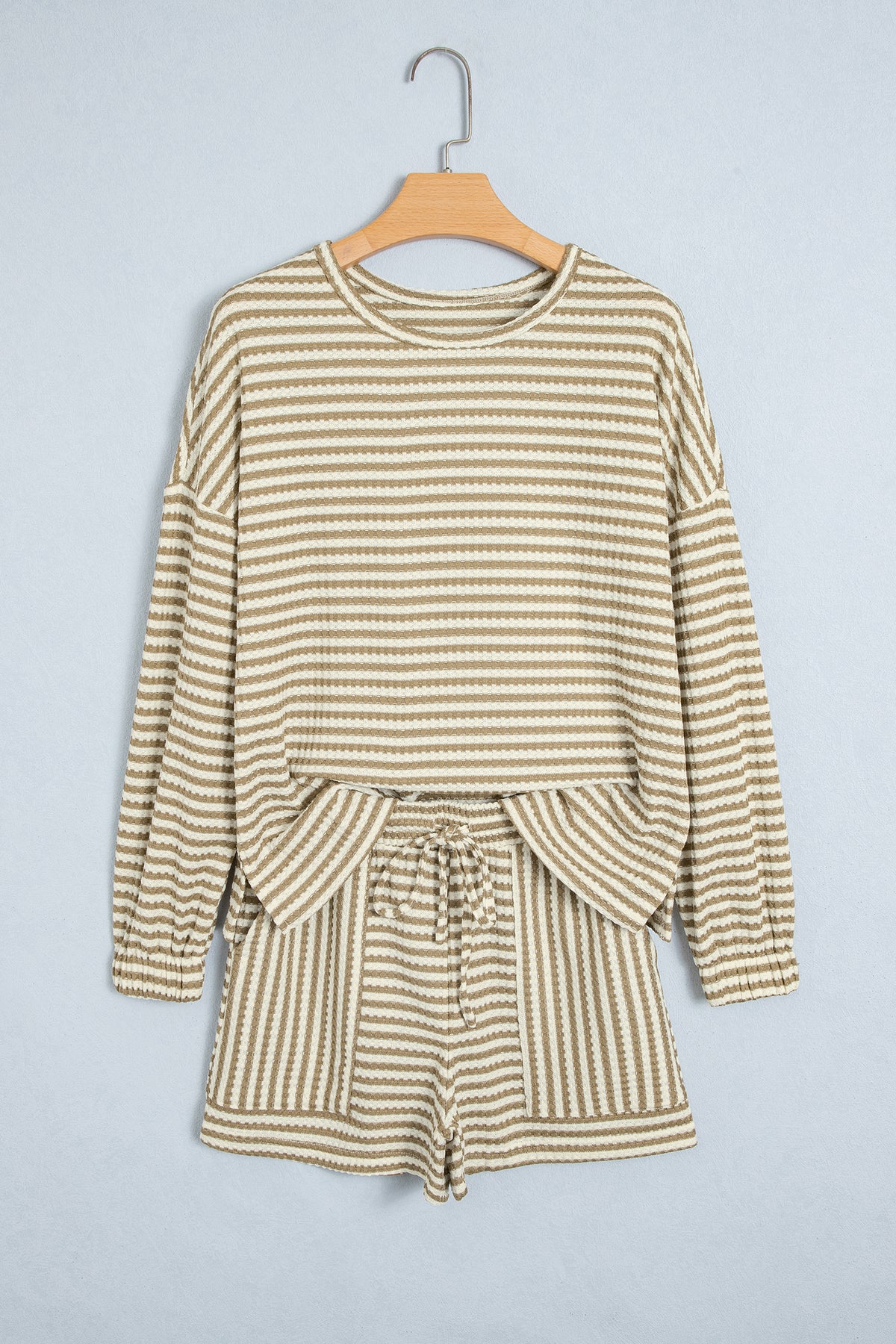 Brown Stripe Textured Knit Long Sleeve Top Elastic Waist Shorts Casual Outfit