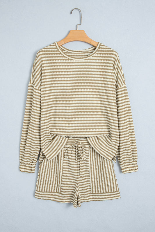 Brown Stripe Textured Knit Long Sleeve Top Elastic Waist Shorts Casual Outfit