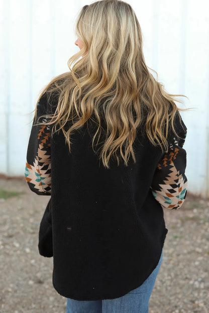 Black Western Aztec Print Accent Fleece Shacket - Chic Meadow Boutique 