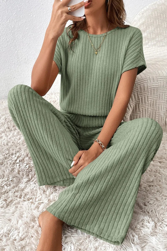 Bottoms/Jumpsuits & Rompers Grass Green / S / 85%Polyester+10%Viscose+5%Elastane Grass Green Solid Color Ribbed Short Sleeve Wide Leg Jumpsuit