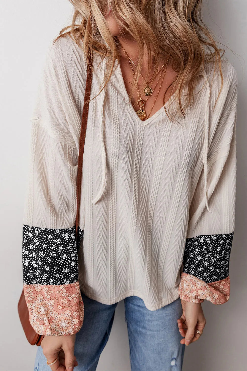 Beige Floral Patchwork Textured Knit Drawstring V Neck Blouse - Chic Meadow Boutique 