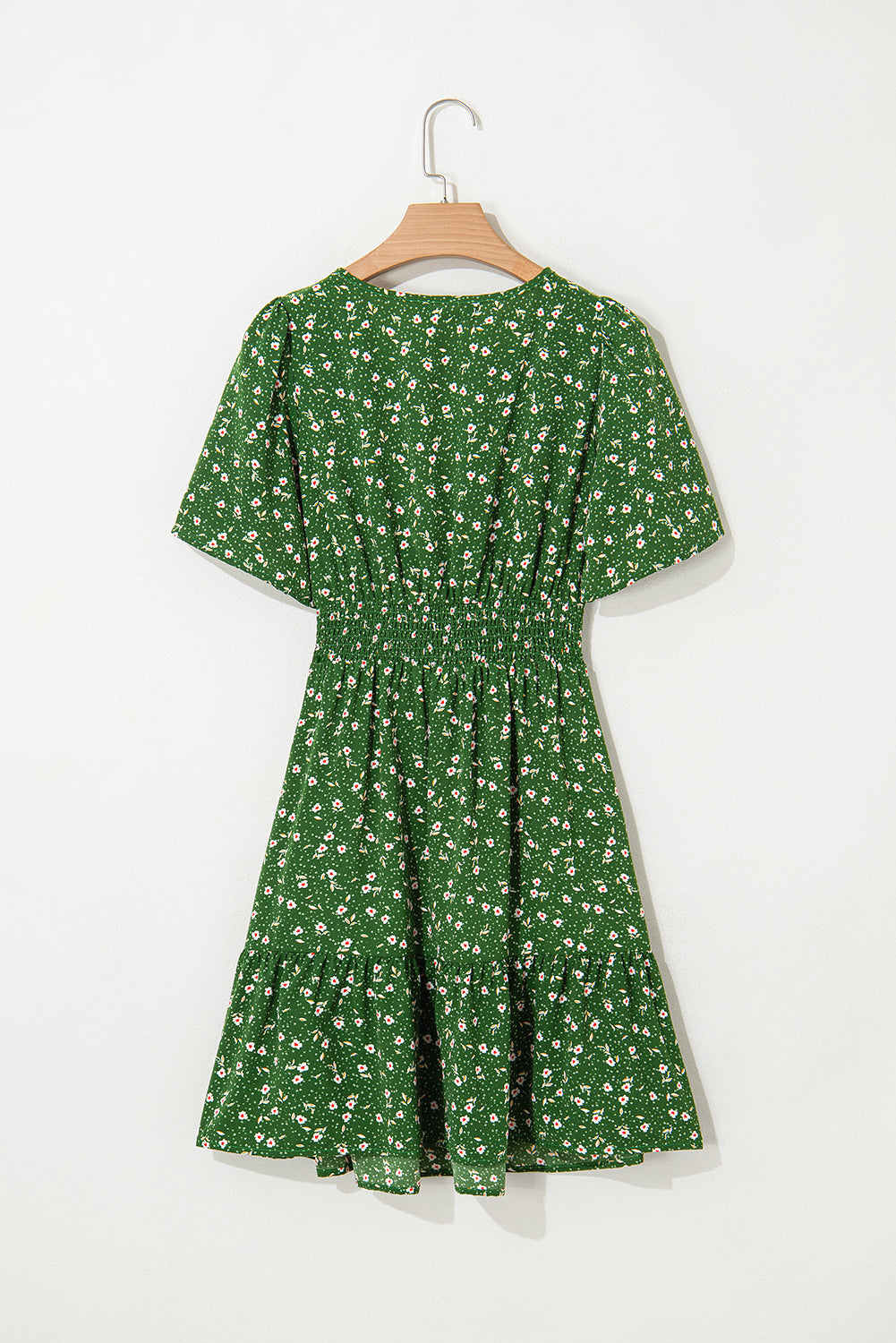 Green Floral Print Wrap V Neck Short Sleeve High Waistband Mini Dress