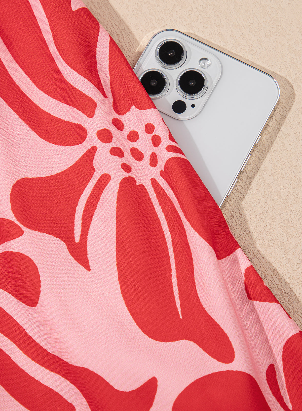 Red Boho Floral Short Sleeve V Neck Buttoned Shirred Waist Long Dress