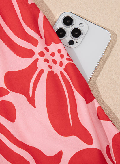 Red Boho Floral Short Sleeve V Neck Buttoned Shirred Waist Long Dress