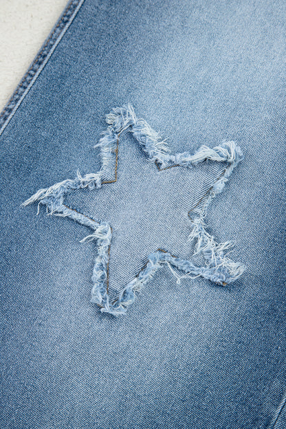 Stone Blue Star Patchwork Cropped Wide Leg High Waist Jeans