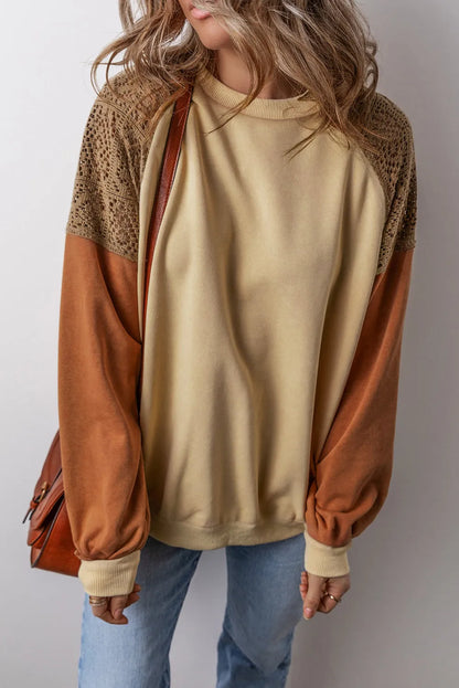 Khaki Lace Patchwork Colorblock Drop Shoulder Sweatshirt - Chic Meadow Boutique 