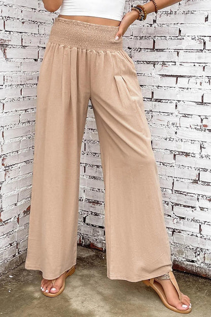 Bottoms/Pants & Culotte Khaki Smocked Wide Waistband High Waist Wide Leg Pants