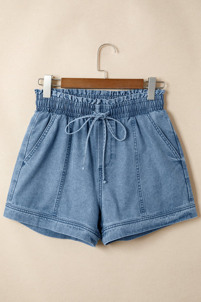 Dusk Blue Smocked Elastic Waist Denim Shorts