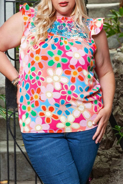 Plus Size/Plus Size Tops/Plus Size Tank Tops Multicolor Plus Size Floral Embroidered Flutter Sleeve Tank Top