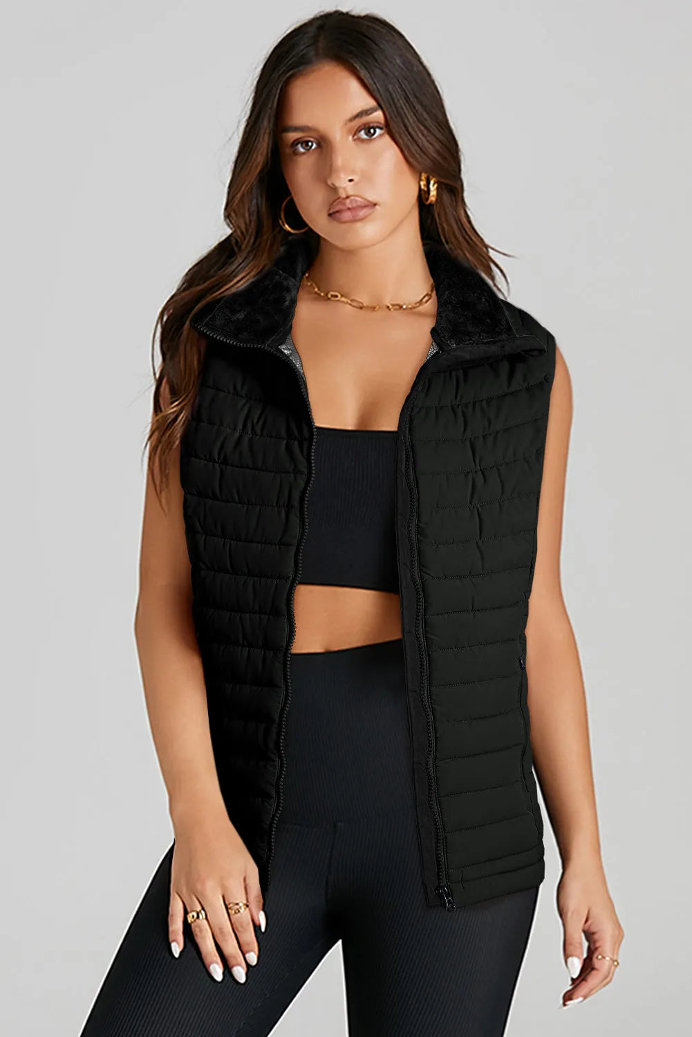 Black Plush Collared Quilted Zipped Puffer Vest - Chic Meadow Boutique 