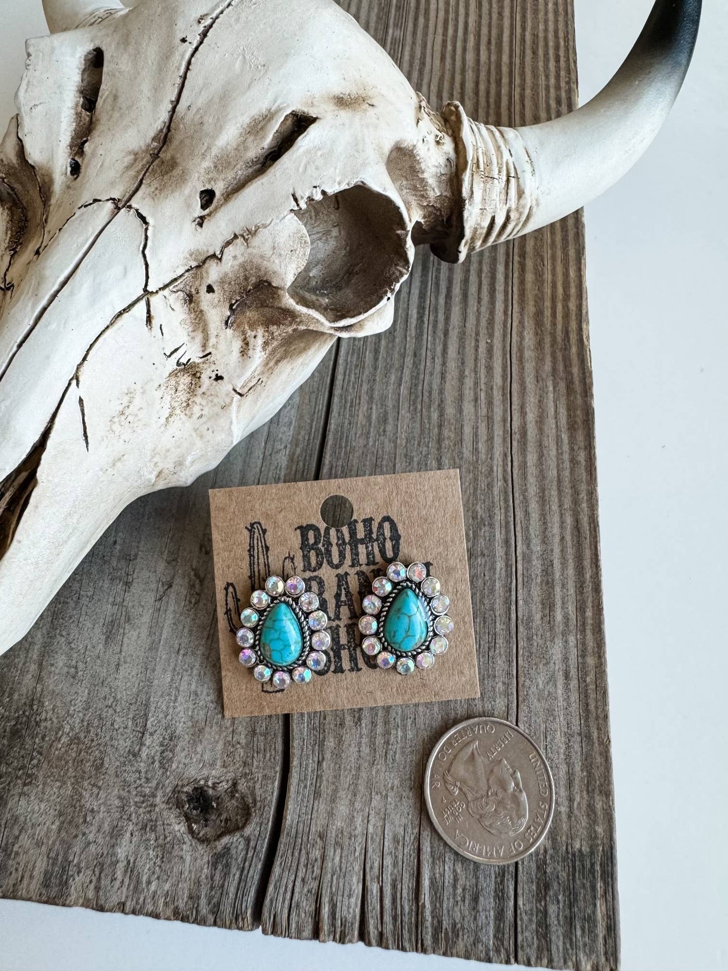 Western Stud Earrings Turquoise teardrop AB rhinestone edge