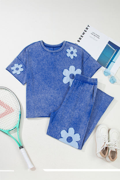 Lilac Floral Patch Exposed Seam Raw Edge Pants Set