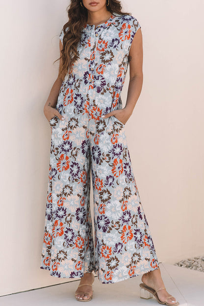 Sky Blue Floral Sleeveless Buttoned Pocketed Wide Leg Jumpsuit