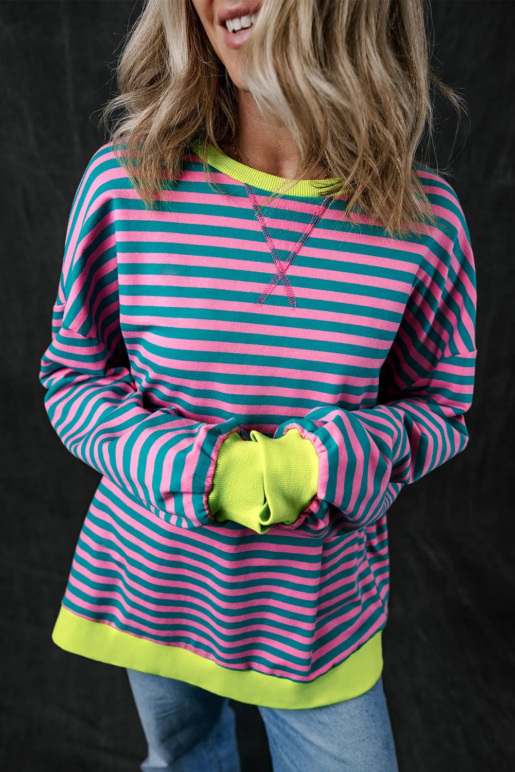 Green Stripe Oversized Contrast Trim Pullover Sweatshirt - Chic Meadow Boutique 