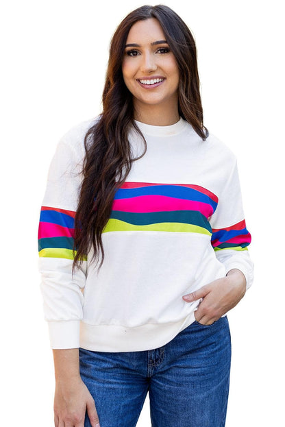 Tops/Long Sleeve Tops White Colorful Striped Accent Long Sleeve T Shirt