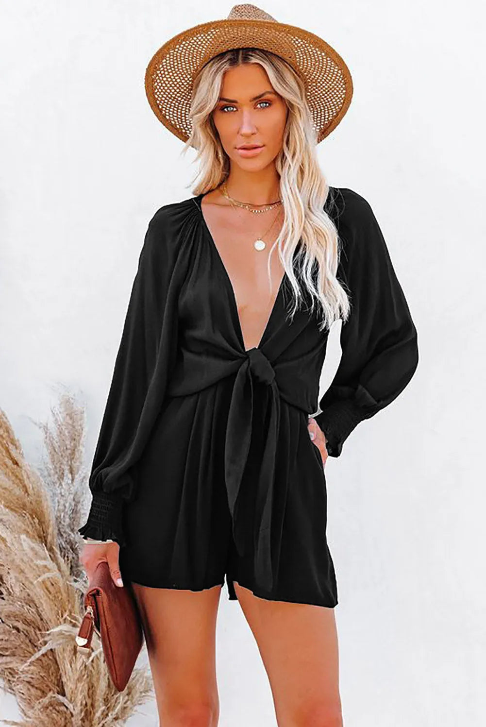 Black Tie Knot Puff Long Sleeve Romper - Chic Meadow Boutique 