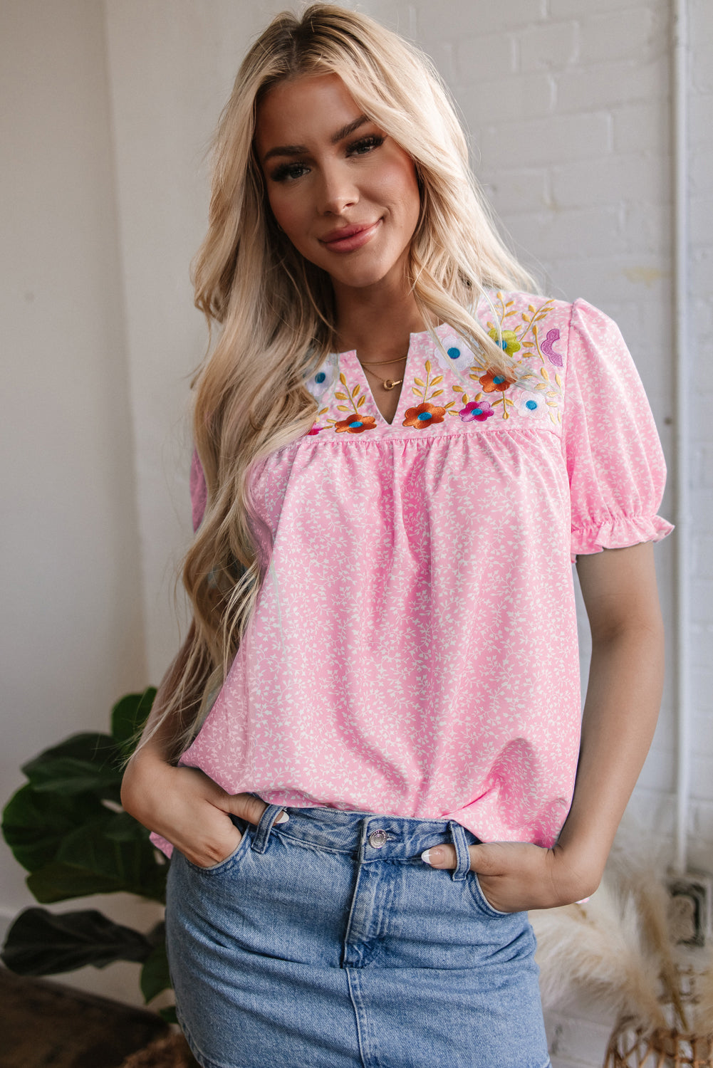 Pink Floral Embroidered Puff Sleeve Notched V Neck Blouse
