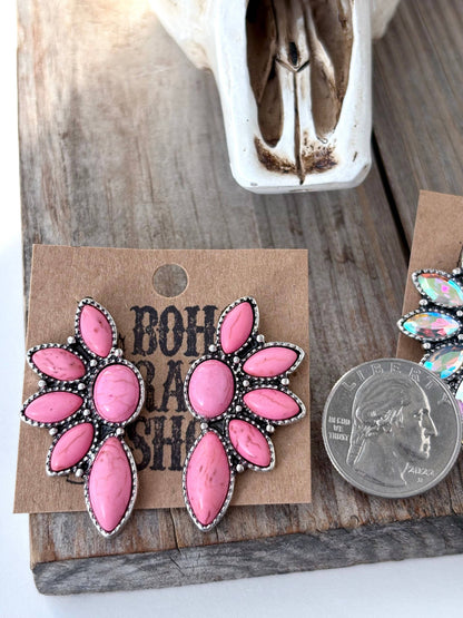 Western Style Squash Blossom Stone Stud Earrings