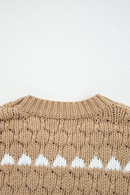 Pale Khaki Contrast Detail Textured Knit Puff Sleeve Baggy Sweater