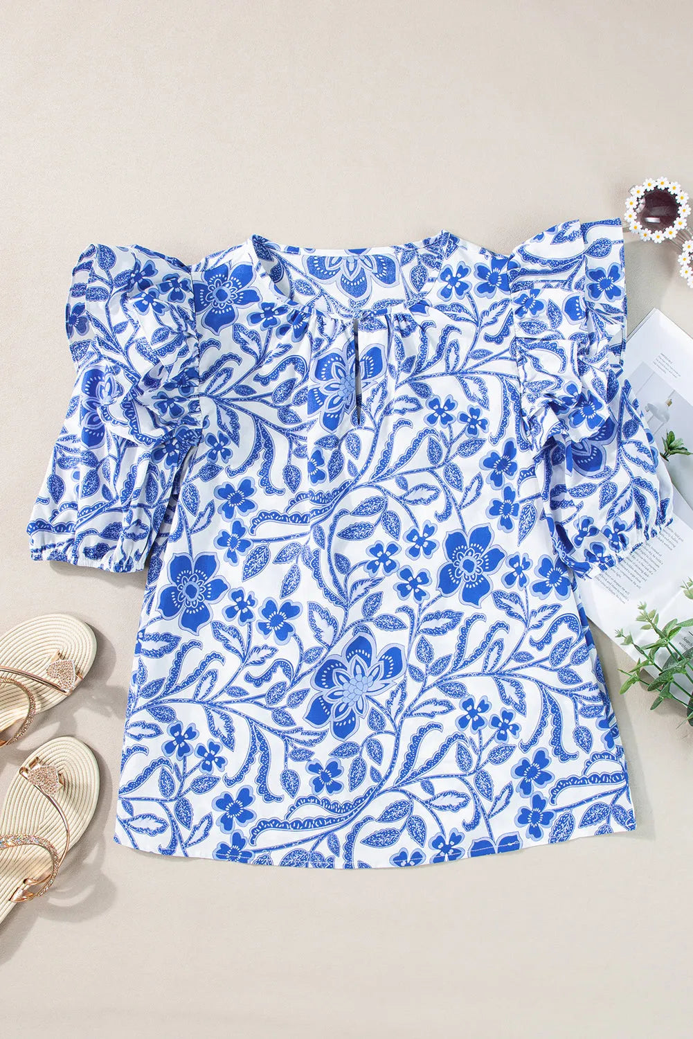 Dark Blue Floral Print Ruffled Bubble Sleeve Blouse - Chic Meadow Boutique 