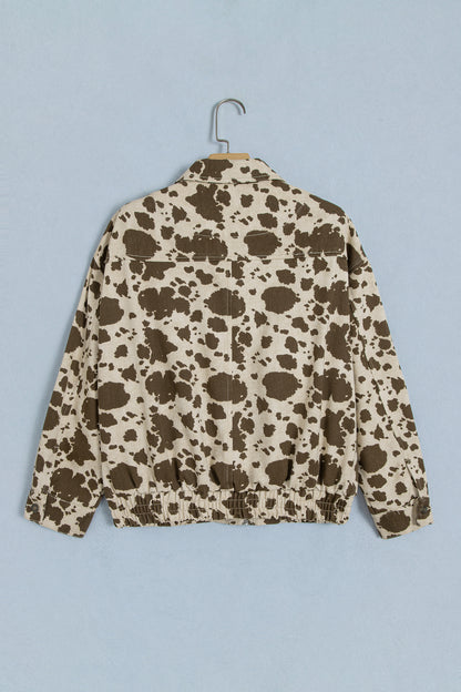 Brown Western Cow Print Cargo Pocket Denim Jacket