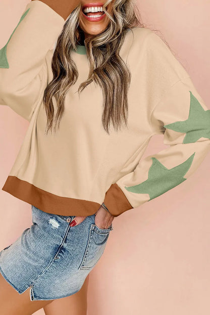 Parchment Star Patchwork Exposed Seam Oversized Sweatshirt - Chic Meadow Boutique 