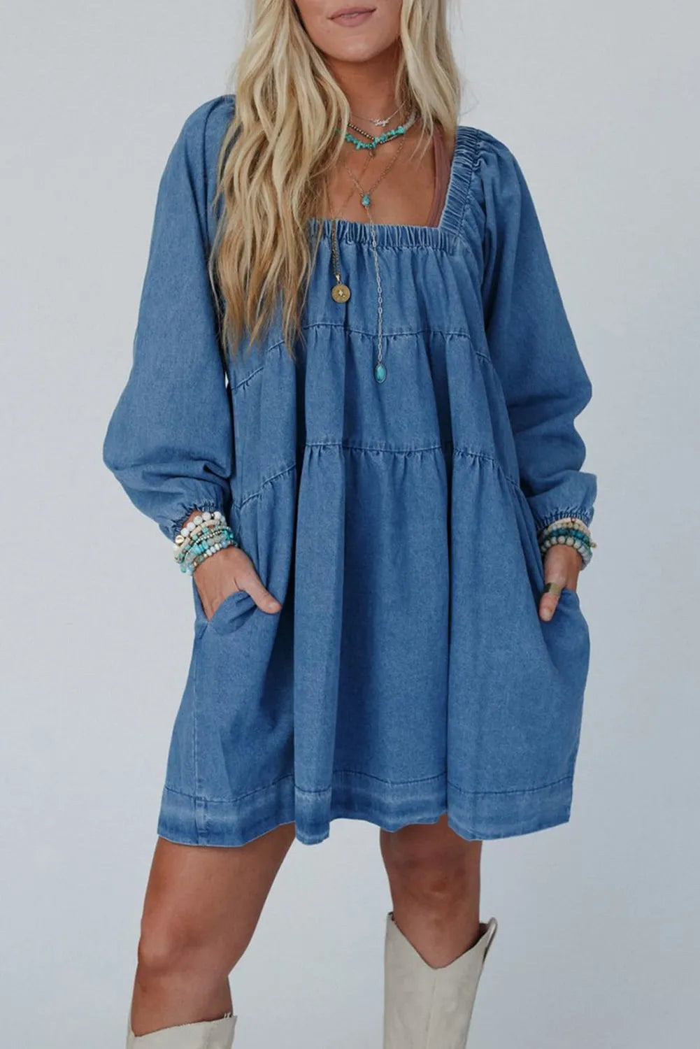 Dusk Blue Square Neck Side Pockets Loose Fit Denim Mini Dress - Chic Meadow Boutique 