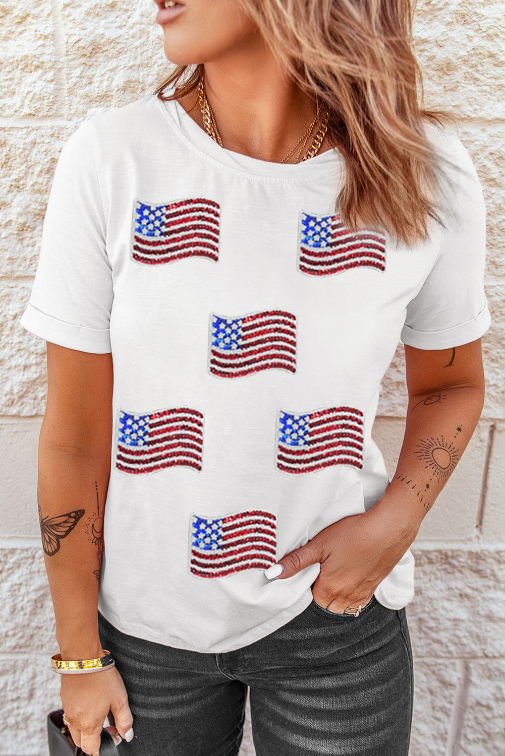 White Sequin American Flag Patched Casual T Shirt