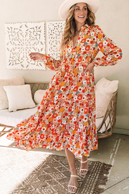 Dresses/Floral Dresses Multicolor Boho Floral Collared Long Sleeve Ruffled Dress