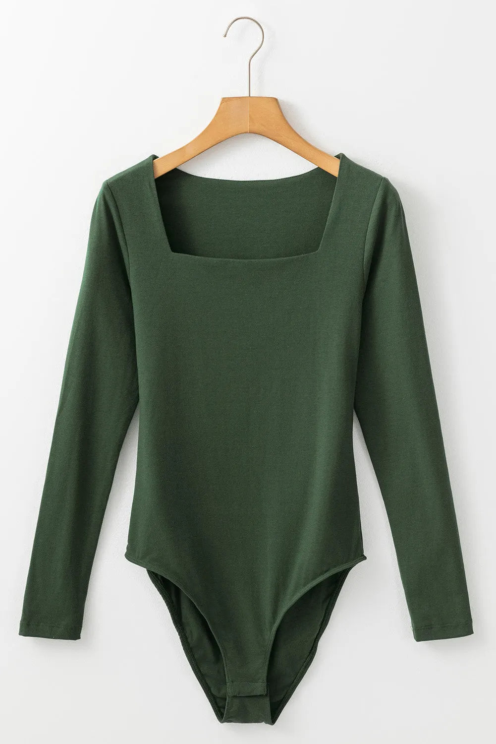 Blackish Green Solid Color Square Neck Long Sleeve Slim Fit Bodysuit - Chic Meadow Boutique 