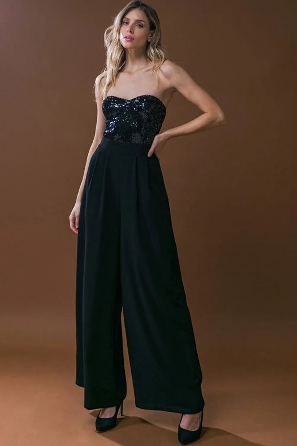 Black Sequin Tube Top Wide Leg Jumpsuit - Chic Meadow Boutique 