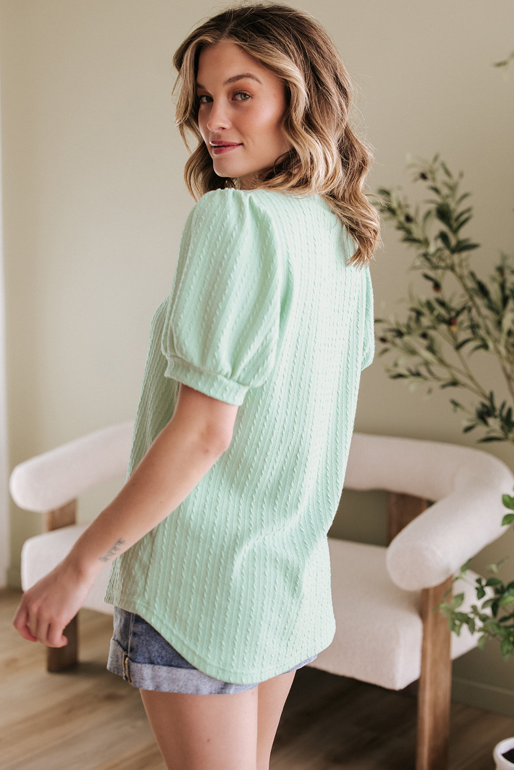 Mist Green Textured Round Neck Short Puff Sleeve Top