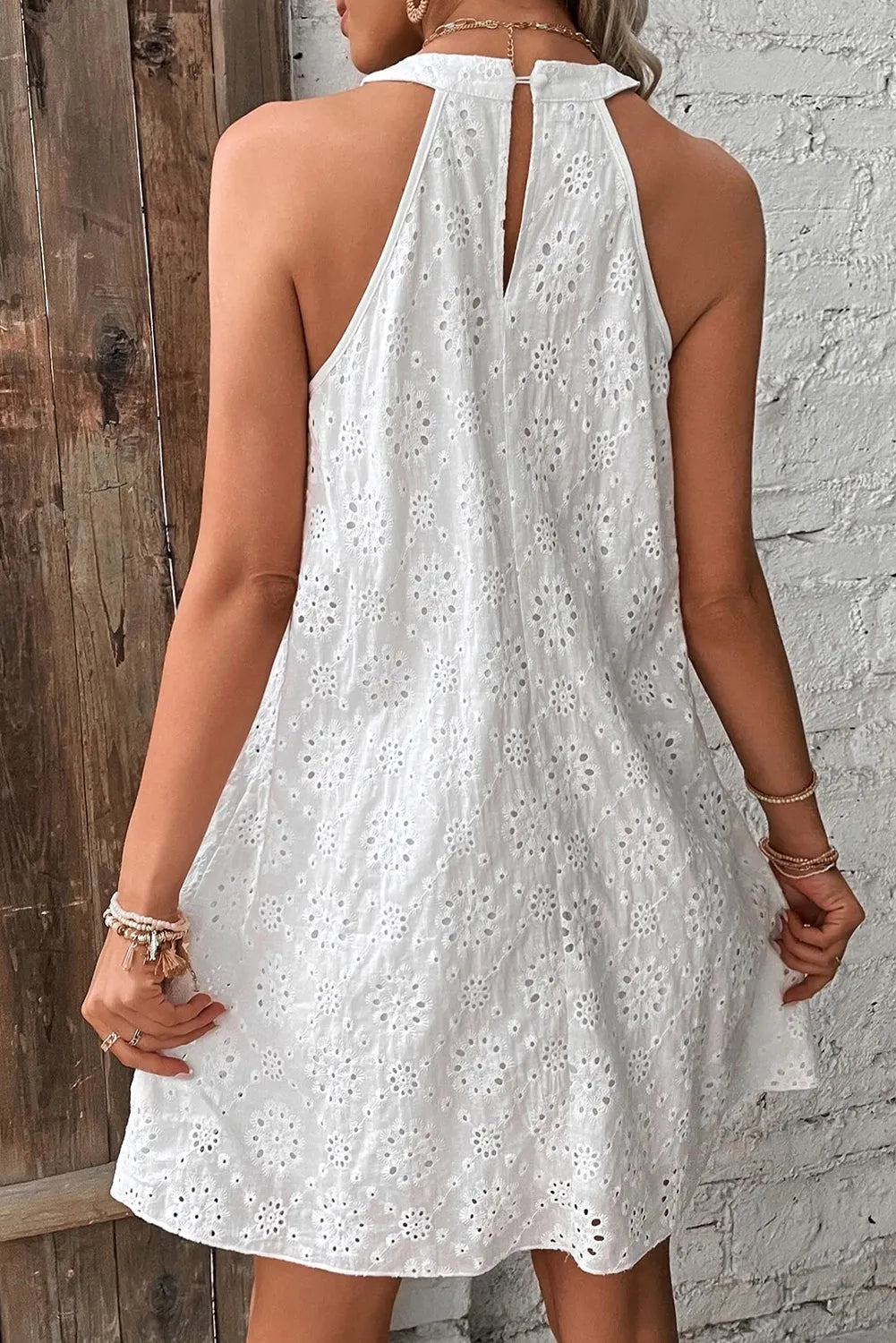 White Boho Eyelet Pattern Halter Neck Sleeveless Dress - Chic Meadow Boutique 