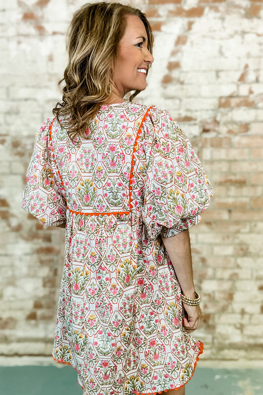 Pink Floral Print Tassel Tie V Neck Scalloped Detail Loose Mini Dress