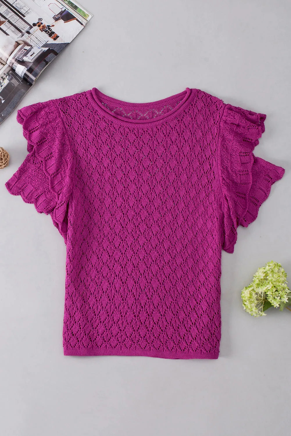 Violet Ruffled Short Sleeve Textured Knit Sweater - Chic Meadow Boutique 