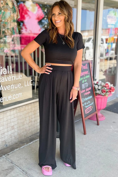 Black Slim Fit Crop Top and Pleated Wide Leg Pants Set - Chic Meadow Boutique 