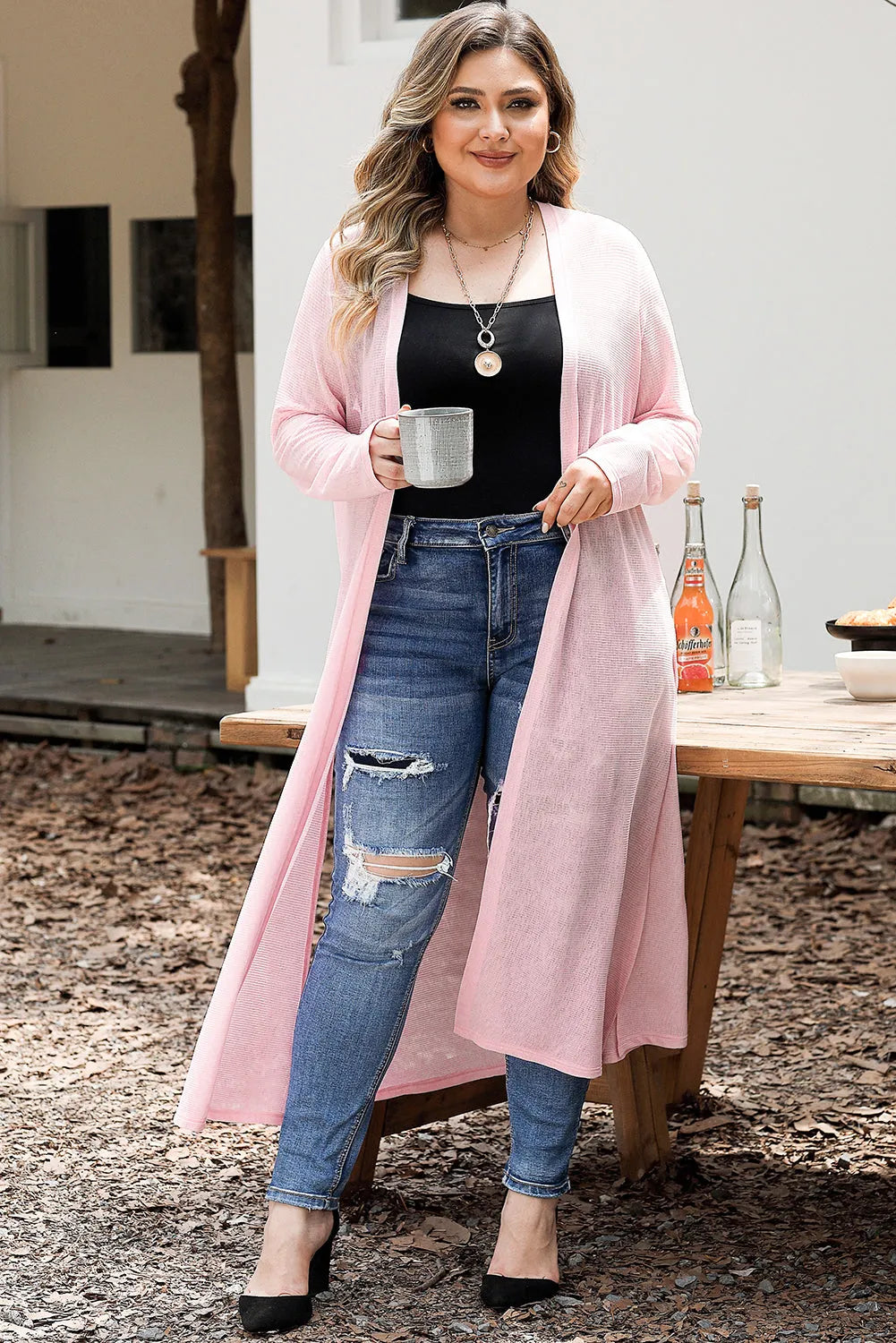 Pink Sheer Knitted Long Side Slit Plus Size Cardigan - Chic Meadow Boutique 