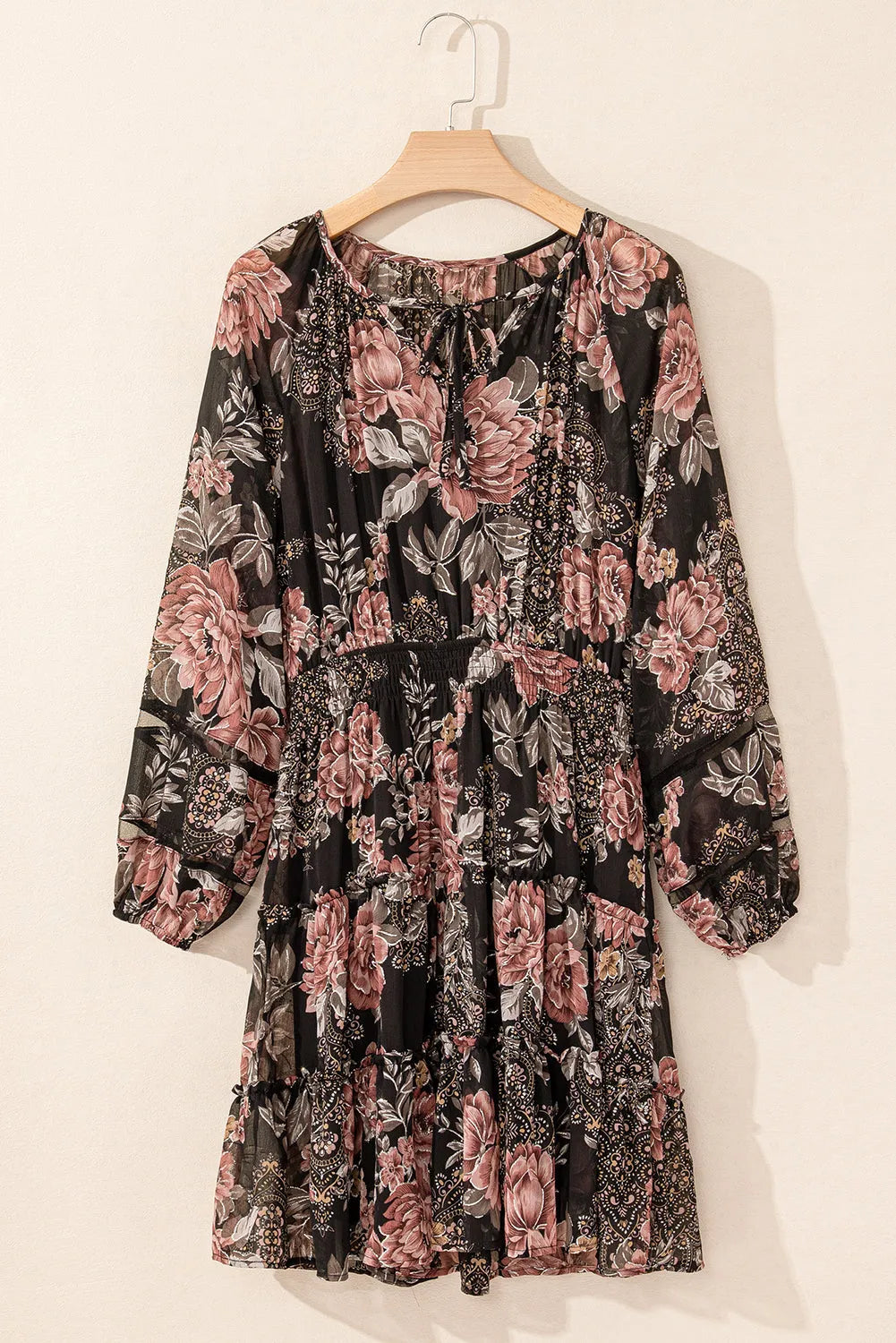 Black Vintage Floral Puff Sleeve V Neck Smock Waist Dress - Chic Meadow Boutique 