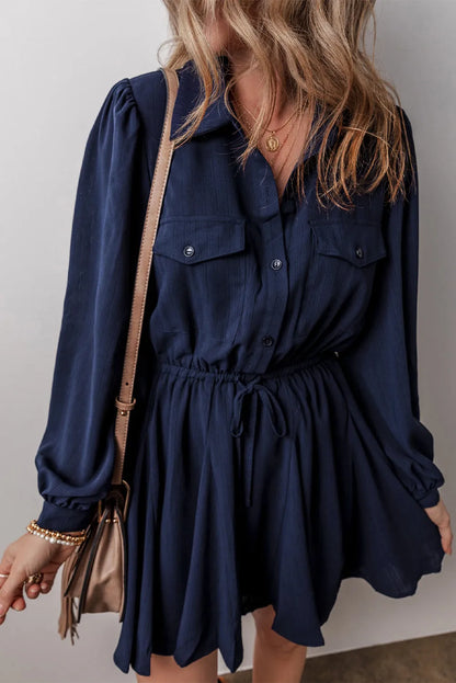 Navy Blue Solid Chest Pockets Tunic Shirt Mini Dress - Chic Meadow Boutique 