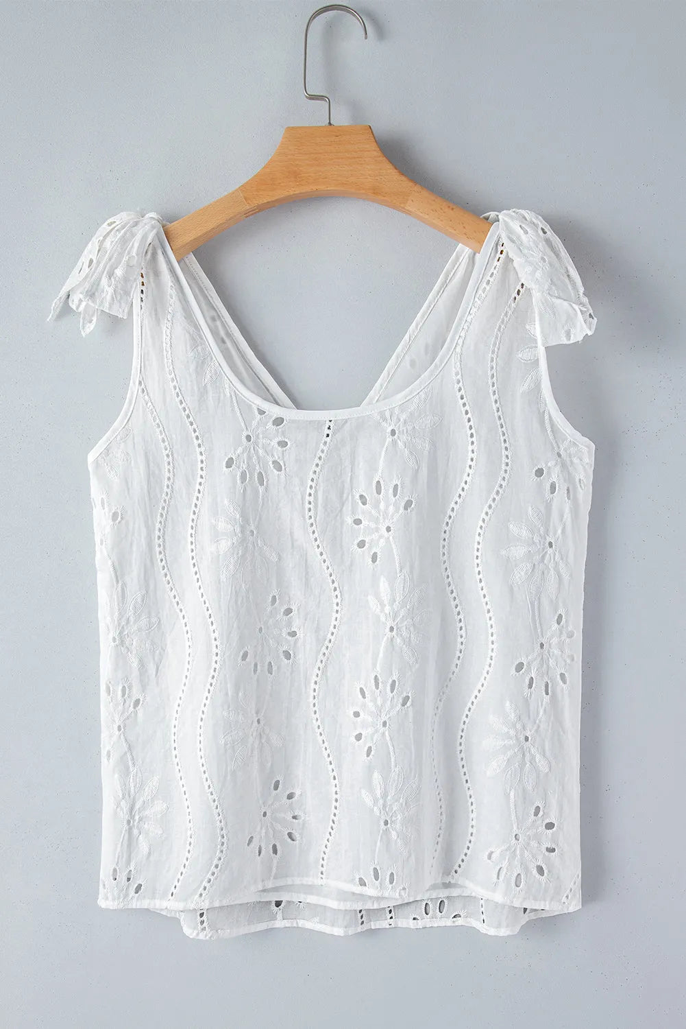 White Embroidery Patterned Knotted Straps V Neck Tank Top - Chic Meadow Boutique 