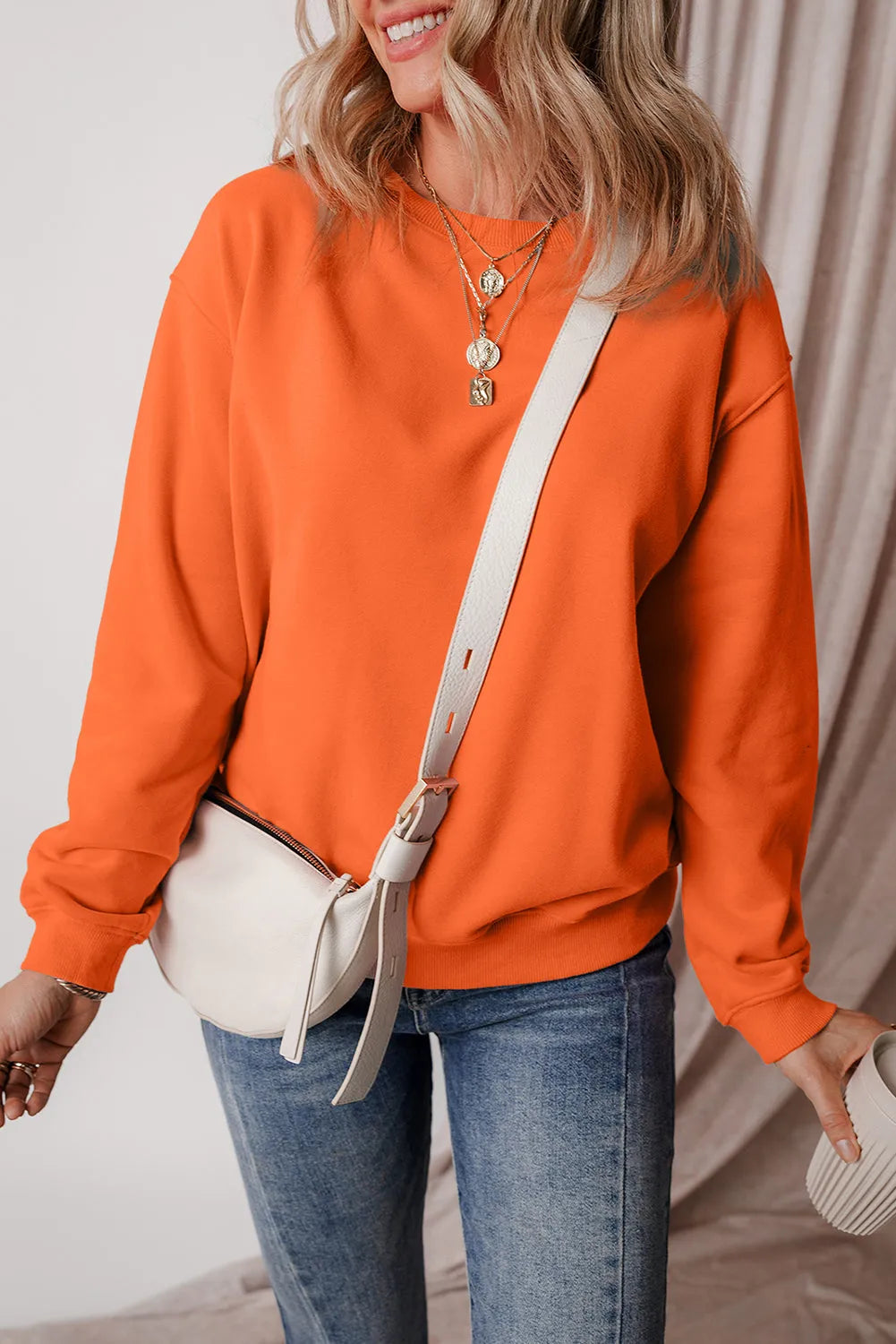 Russet Orange Solid Fleece Lined Drop Shoulder Terry Sweatshirt - Chic Meadow Boutique 