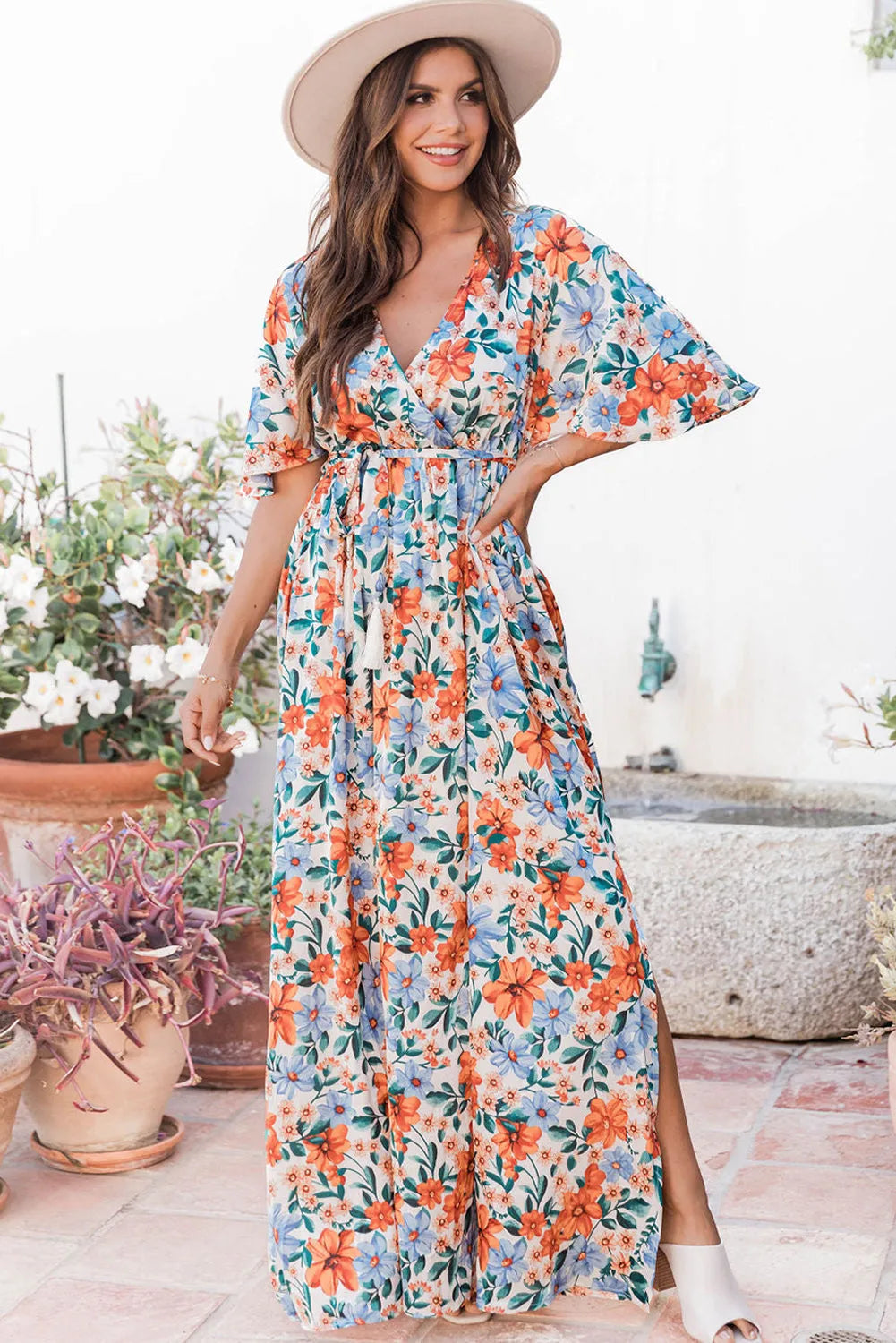 Sky Blue Floral Print Wrap Belted Maxi Dress - Chic Meadow Boutique 